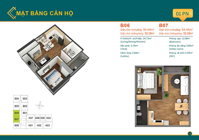 
Thiết kế căn hộ 1 phòng ngủ căn B06, B07
