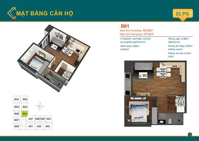 
Thiết kế căn hộ 1 phòng ngủ căn B01
