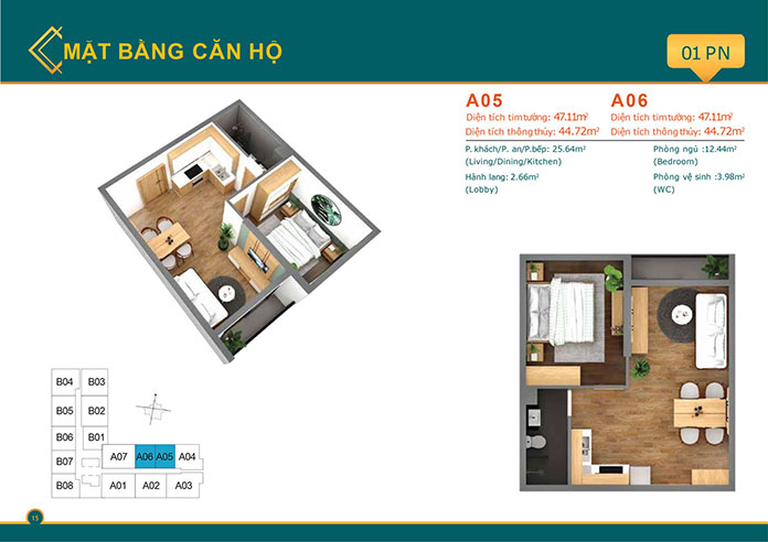 
Thiết kế căn hộ 1 phòng ngủ căn A06, A07
