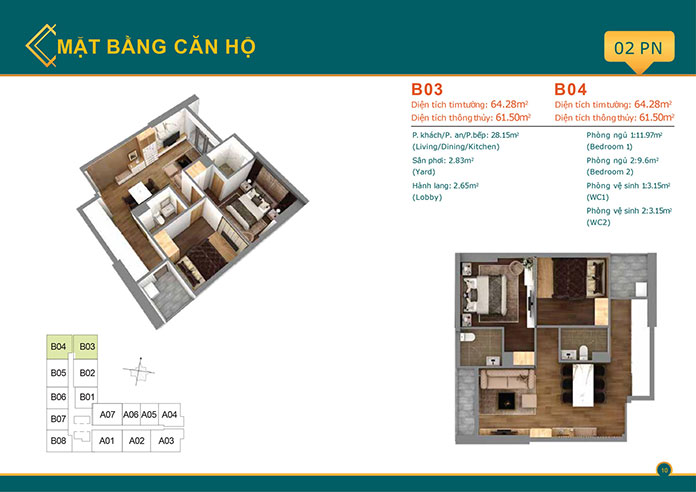 
Thiết kế căn hộ 2 phòng ngủ căn B03, B04
