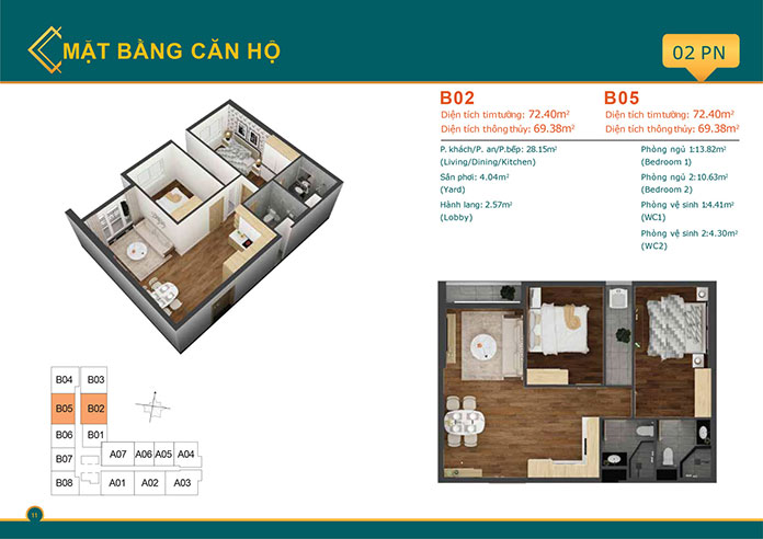 
Thiết kế căn hộ 2 phòng ngủ căn B02, B05
