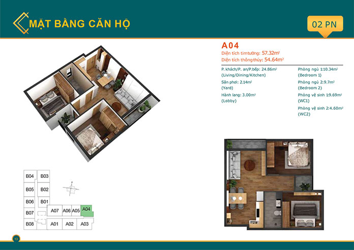 
Thiết kế căn hộ 2 phòng ngủ căn A04
