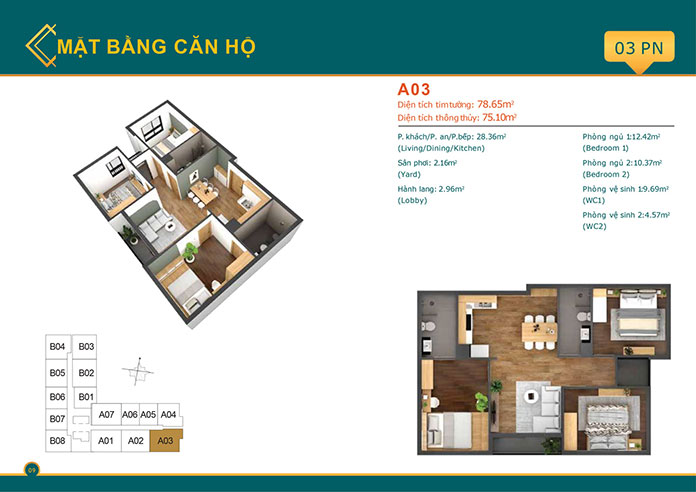 
Thiết kế căn hộ 3 phòng ngủ căn A03
