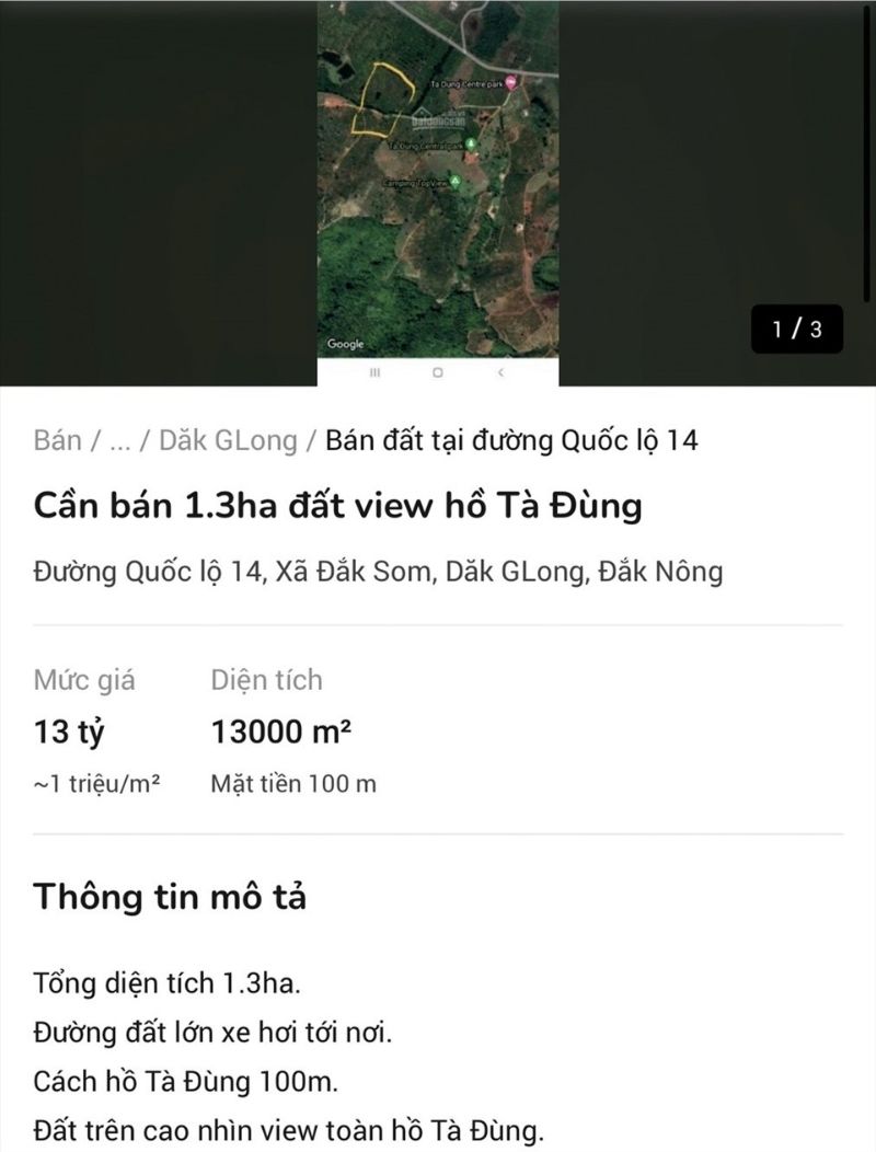  Thông tin rao bán đất xung quanh hồ Tà Đùng tràn lan trên mạng xã hội.