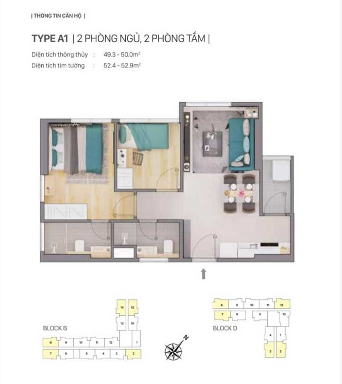 
Thiết kế căn hộ Type A1| 2 phòng ngủ, 2 phòng tắm dự án CitiGrand
