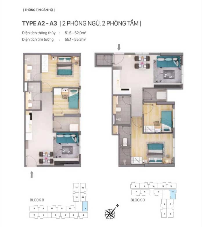 
Thiết kế căn hộ Type A2-A3| 2 phòng ngủ, 2 phòng tắm dự án CitiGrand
