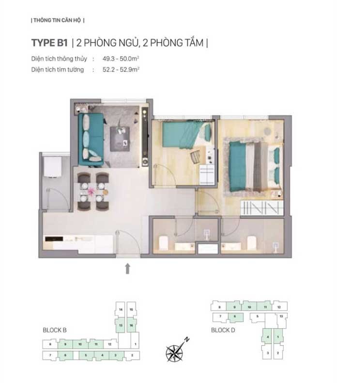 
Thiết kế căn hộ Type B1| 2 phòng ngủ, 2 phòng tắm dự án CitiGrand

