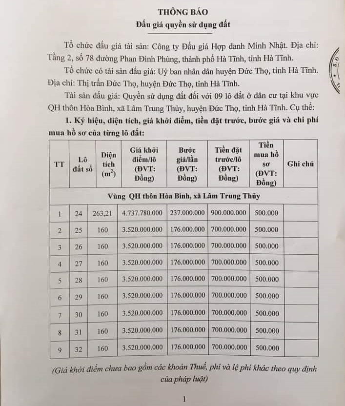 



Thông báo bán đấu giá với mức giá "khủng"

