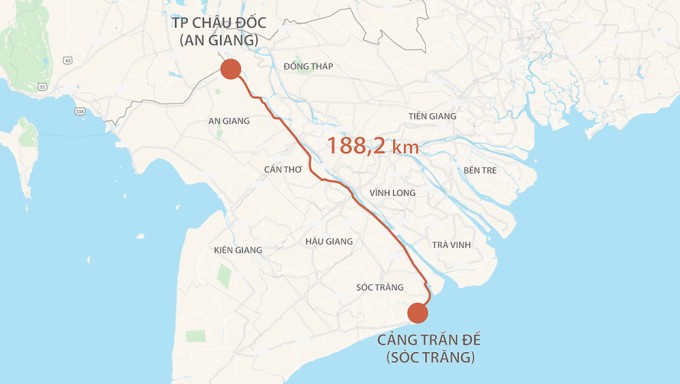 
Bản đồ tuyến cao tốc&nbsp;Châu Đốc - Cần Thơ - Sóc Trăng.
