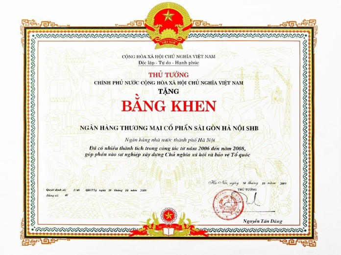 Bằng khen do Ngân hàng nhà nước TP. Hà Nội trao tặng SHB