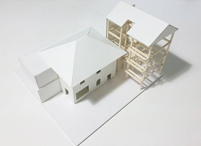 

Bản thiết kế 3D của D House trước khi cải tạo với hai khối nhà rời rạc

