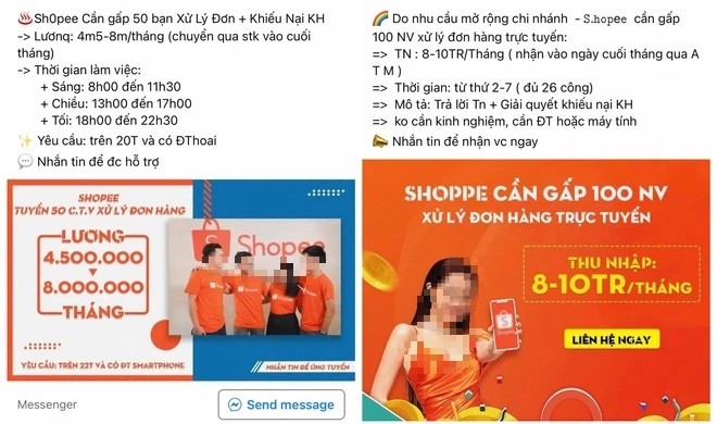 
Nhiều đối tượng còn giả danh các trang thương mại điện tử Tiki, Shopee, Lazada, Sendo để đăng bài tuyển dụng
