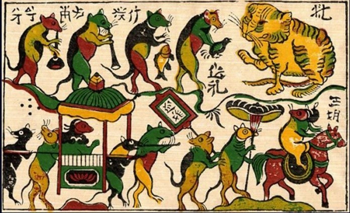 
Hình ảnh mèo xuất hiện trong bức tranh Đông Hồ có tên “ Đám cưới chuột”
