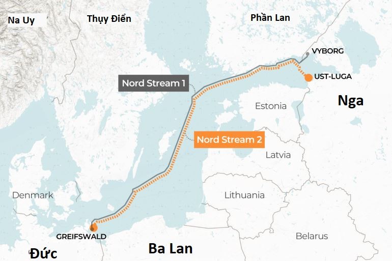 
Bản đồ thể hiện tuyến đường của Nord Stream 1 và Nord Stream 2
