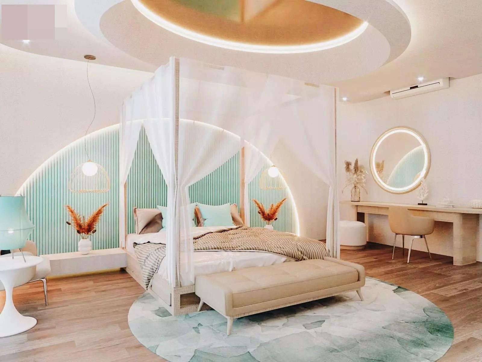 
Phòng ngủ chính tiện nghi và rộng rãi, tiện nghi, thiết kế giường có mành rèm mang cảm giác như đang ở trong khu nghỉ dưỡng
