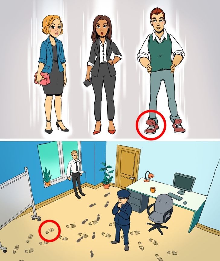 
Kẻ nói dối chính là người đàn ông trong bức ảnh. Nếu để ý kỹ một chút sẽ thấy được, vết giày anh ta xuất hiện dày đặc trong văn phòng, trong khi anh ta lại nói rằng chưa từng lên đây.
