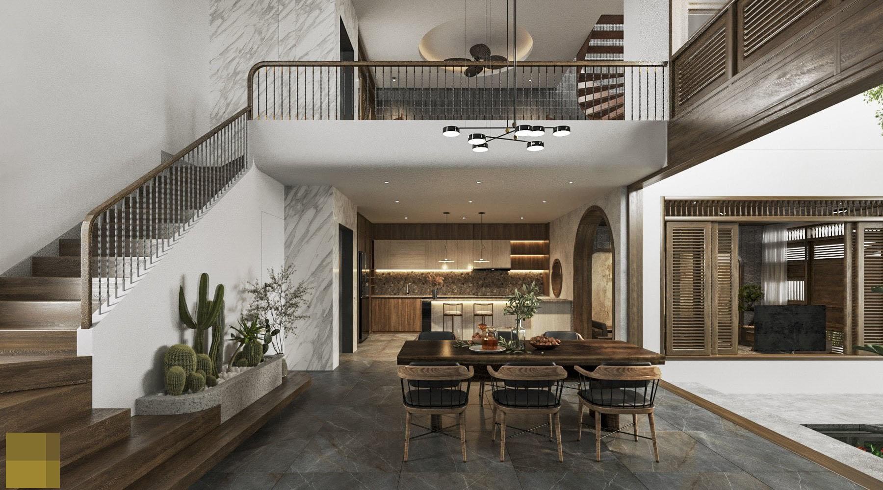 
Bên cạnh phòng bếp là cầu thang dẫn lên tầng lửng và các không gian phía trên của căn nhà
