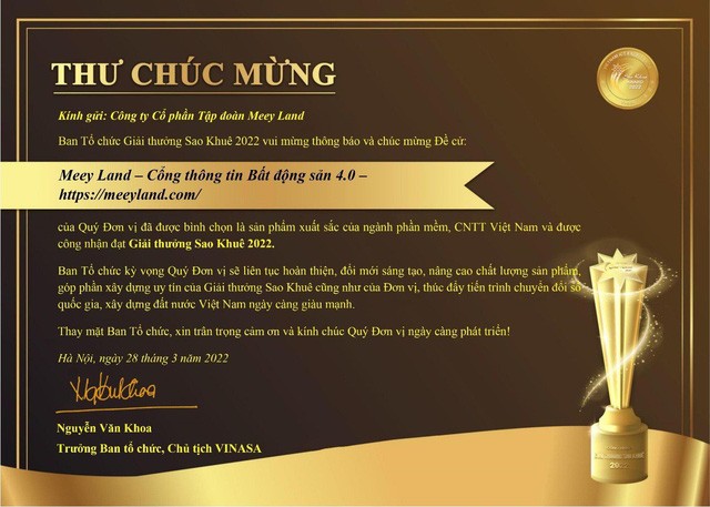 Thư chúc mừng từ Ban tổ chức Giải thưởng Sao Khuê 2022.