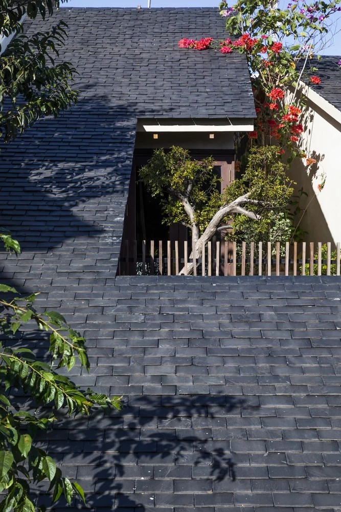 
Trên mái nhà, các kiến trúc sư đã để một khoảng trống, giúp cho ánh nắng dễ dàng xuyên xuống mảnh vườn nhỏ phía trước sân nhà

