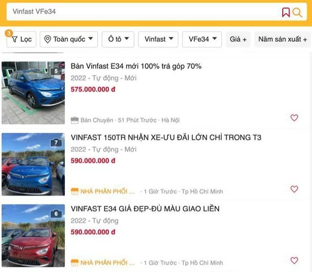 Giá bán xe cũ VinFast là VF e34 tham khảo
