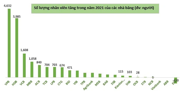 
Theo như bảng thống kê số lượng nhân sự cuối năm và đầu năm 2021 của 23 ngân hàng, có thể thấy được ngân hàng tuyển dụng nhiều nhất chính là VPBank
