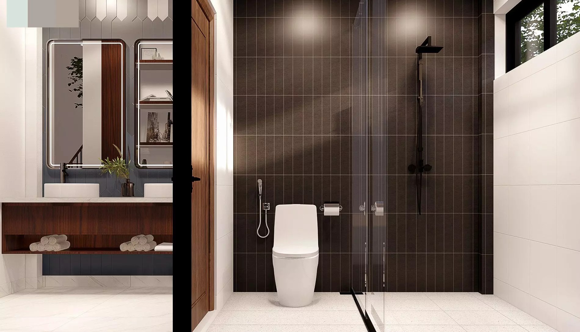 
Các phòng vệ sinh được thiết kế với tông trầm, giúp cho việc dọn, rửa thêm dễ dàng hơn
