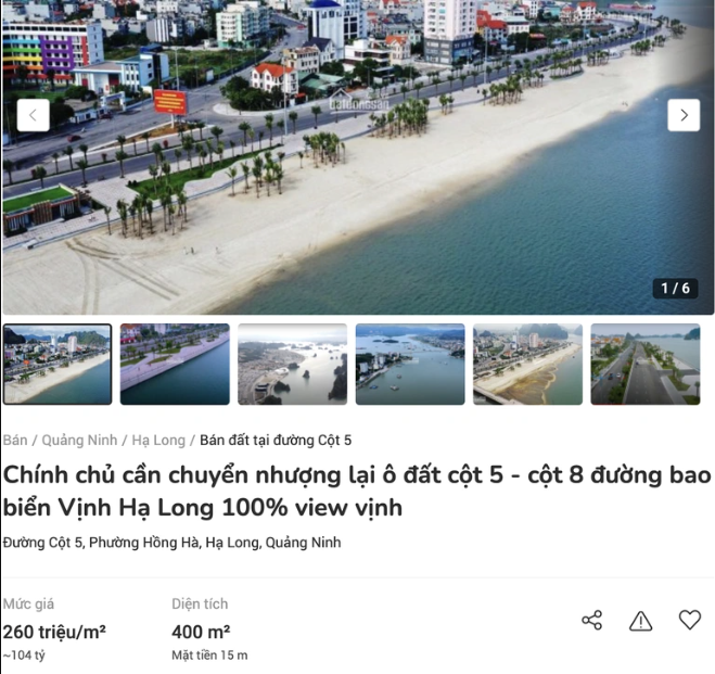 
Dù chưa xây dựng nhưng ô đất ven đường bao biển Hạ Long có giá bán lên tới 260 triệu đồng/m2. Ảnh: Hà Phong
