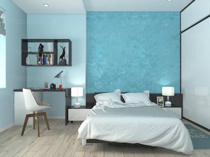 Phòng ngủ sử dụng gạch ốp tường màu xanh dương đường vân đơn giản, tinh tế