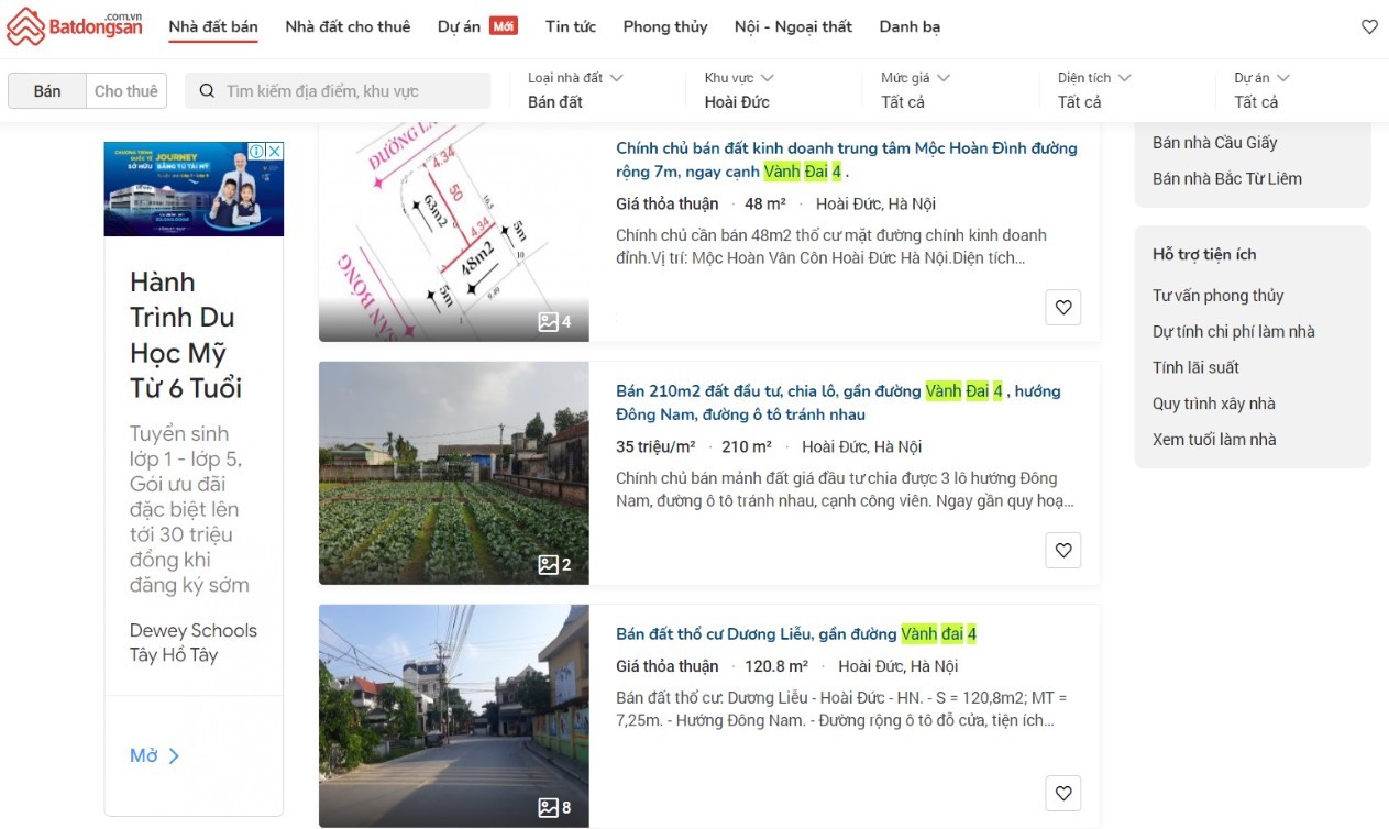 
Thông tin bán đất "ăn theo" dự án Vành đai 4 xuất hiện ngày một nhiều trên các website về bất động sản. Nguồn: Dân Việt
