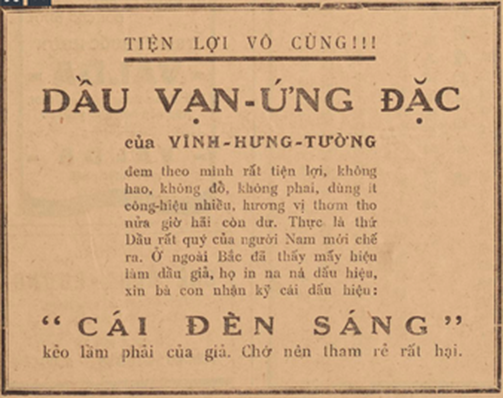 
Quảng cáo dầu Vạn Ứng đặc - là tiền thân của cao Sao vàng, trên báo Thanh Nghệ Tĩnh tân văn số ra ngày 10/8/1934
