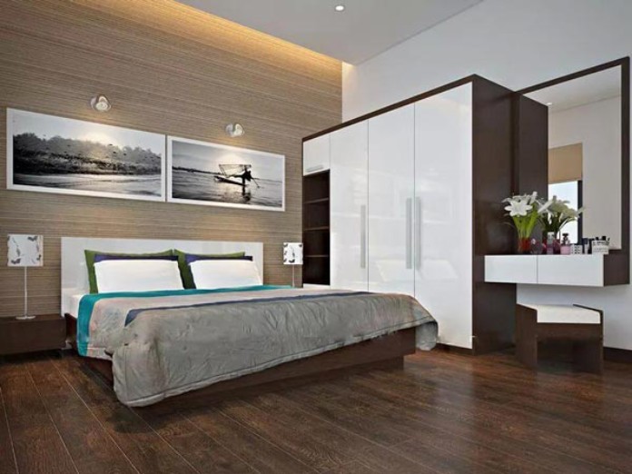 Gạch ốp tường màu nâu xám giúp phòng ngủ trở nên ấm áp