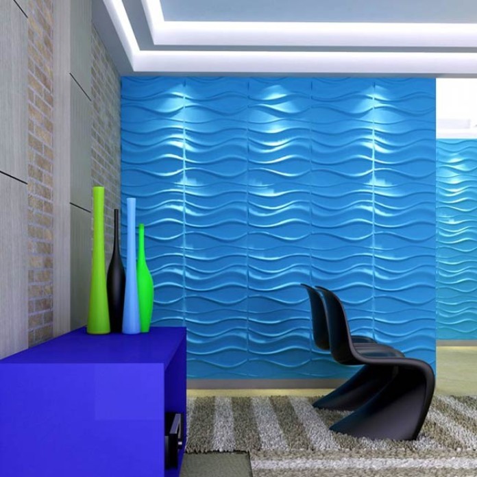 
Sự xuất hiện của&nbsp; gạch ốp tường lượn sóng màu xanh dương khiến phòng làm việc sinh động và thoải mái hơn rất nhiều
