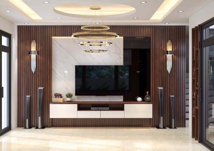 
Vách ốp vân gỗ trang trí kệ tivi cho không quan ấn tượng, quý phái
