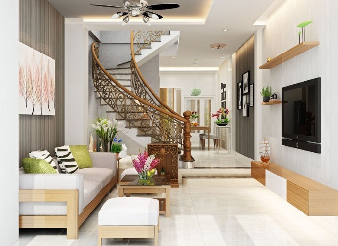 Phòng khách nhà ống decor cùng đèn trần rất phù hợp