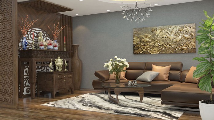 
Phòng khách nhà phố với bộ bàn ghế sofa và phía trước là khu vực thờ cúng với bàn thờ được đặt trang nghiêm
