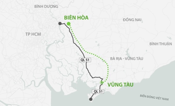 Sơ đồ tuyến cao tốc Biên Hòa - Vũng Tàu.