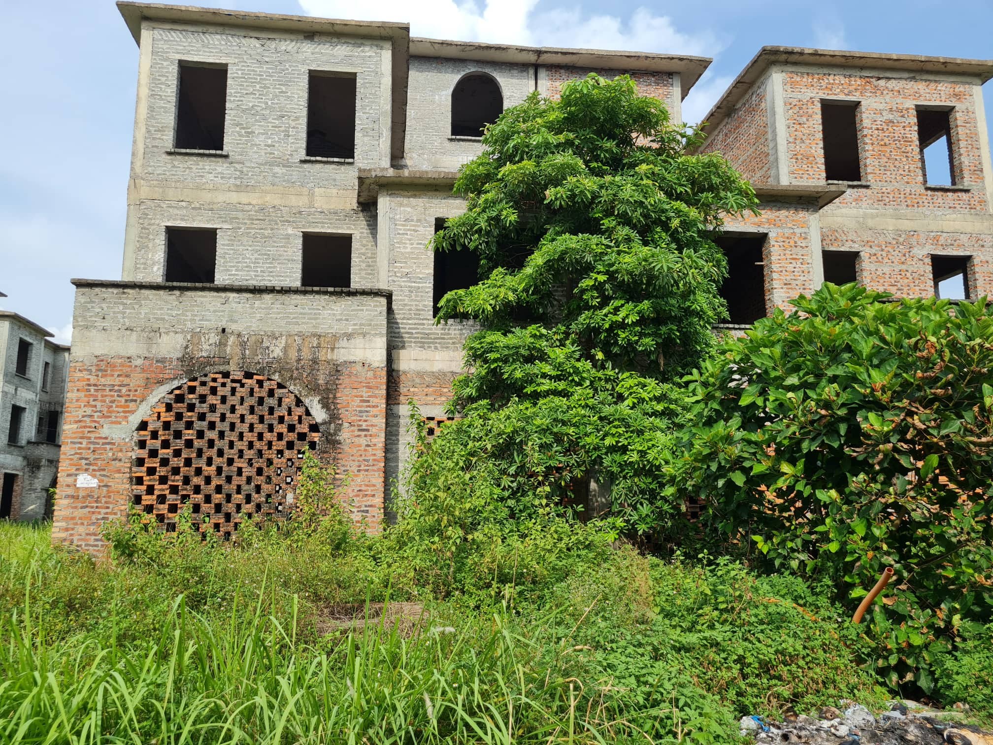 
Trong khuôn viên của một căn biệt thự đơn lập bị bỏ hoang, lối vào bị bịt kín bởi cỏ dại.
