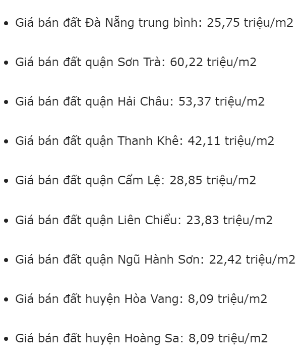 
Bảng giá đất một số khu vực tại TP. Đà Nẵng được niêm yết trên mạng internet
