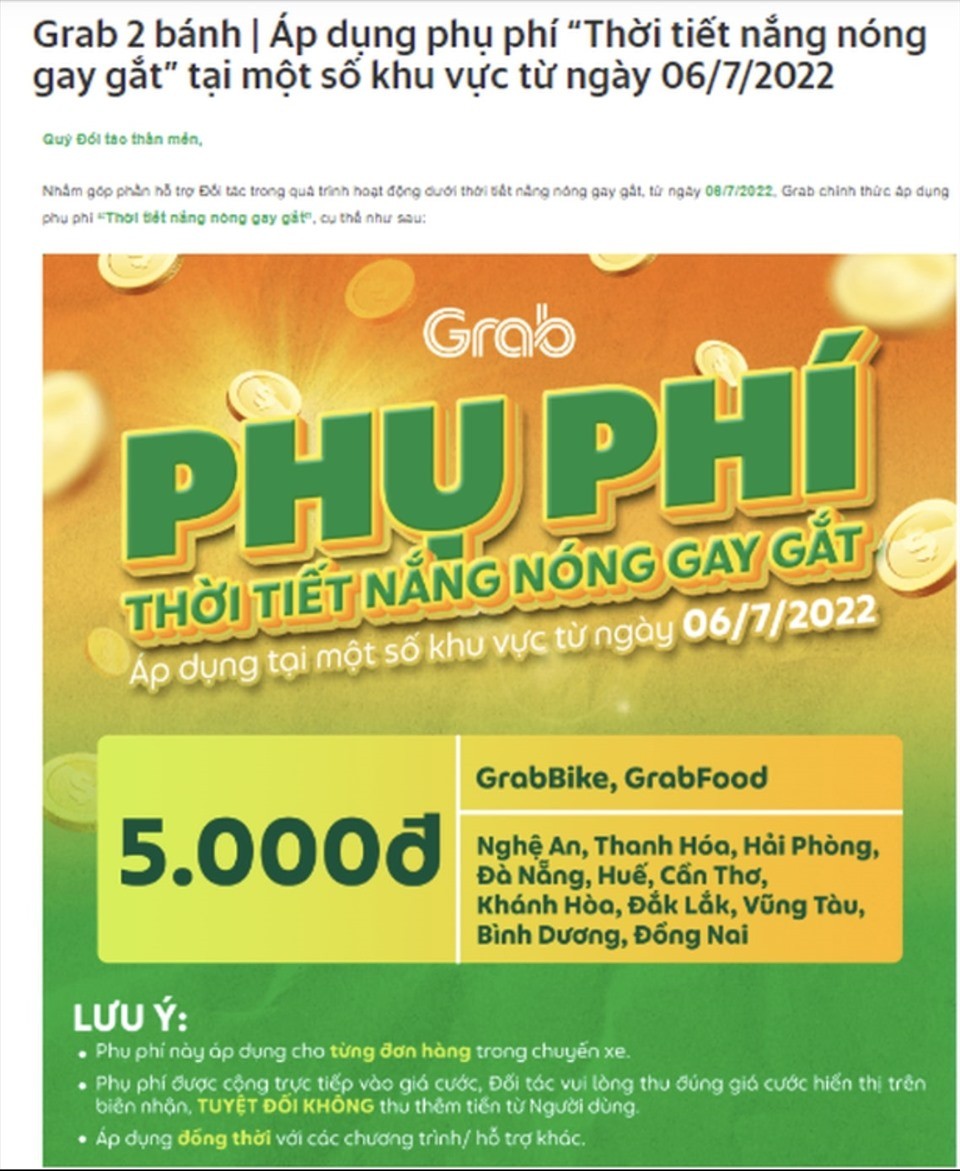 
Grab thông báo về mức phụ thu phí "thời tiết nắng nóng gay gắt"
