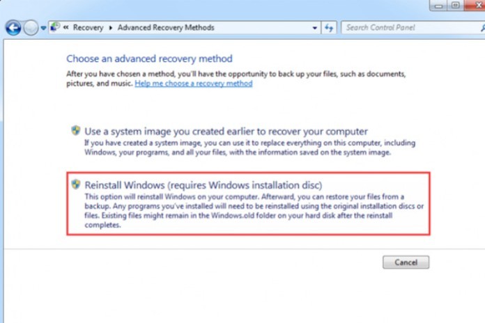 
Chọn Reinstall Windows ( requires Windows installation disc)&nbsp;
