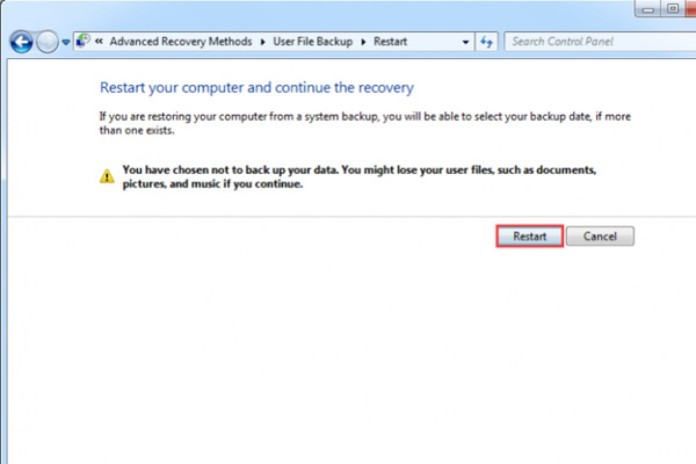 
Chọn Restart để hệ thống có thể bắt đầu khôi phục win 7 về cài đặt gốc.
