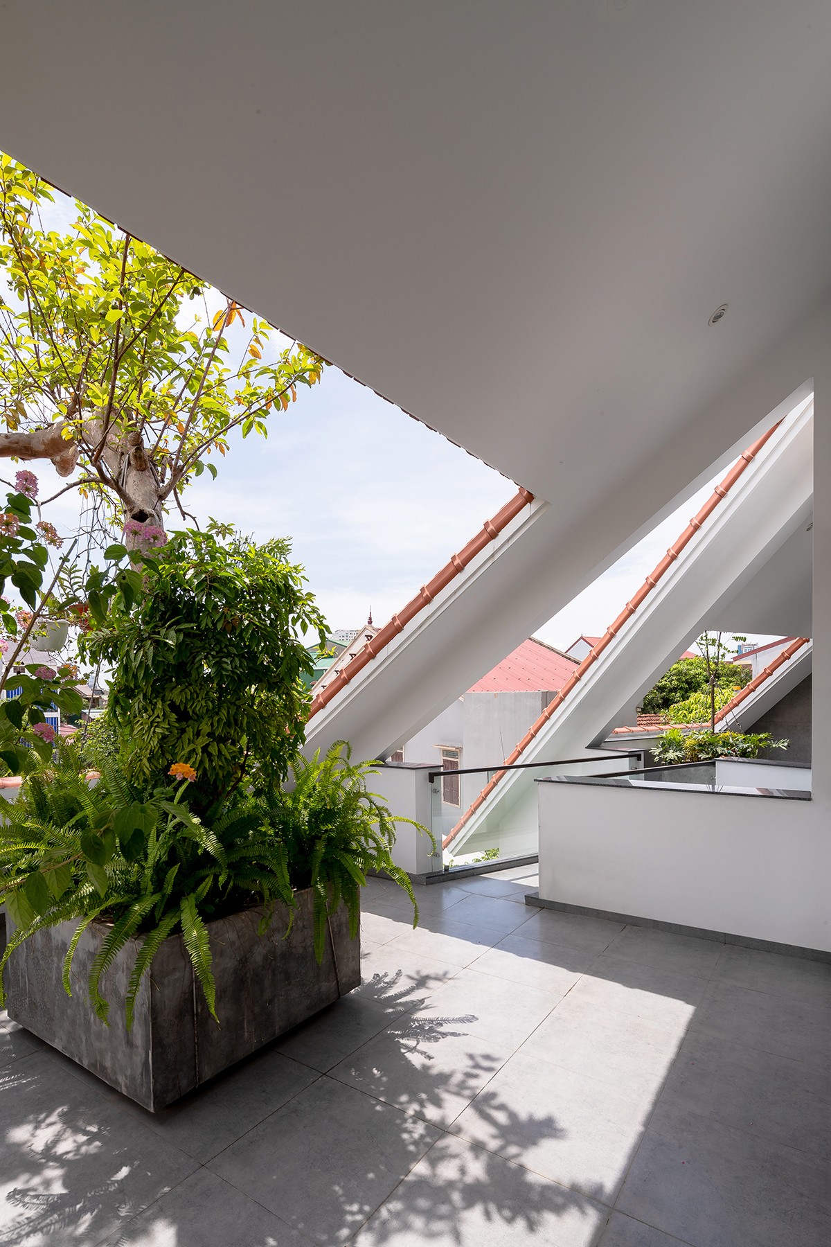 
Thiết kế mái thủng tạo điểm nhấn cho căn nhà, giúp đón sáng cho khu vườn sân thượng
