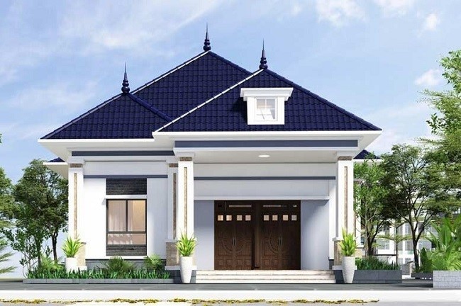 
Mẫu sơn ngoại thất trắng kết hợp với mái Thái màu xanh dương đậm cho ngôi nhà hiện đại, thanh lịch
