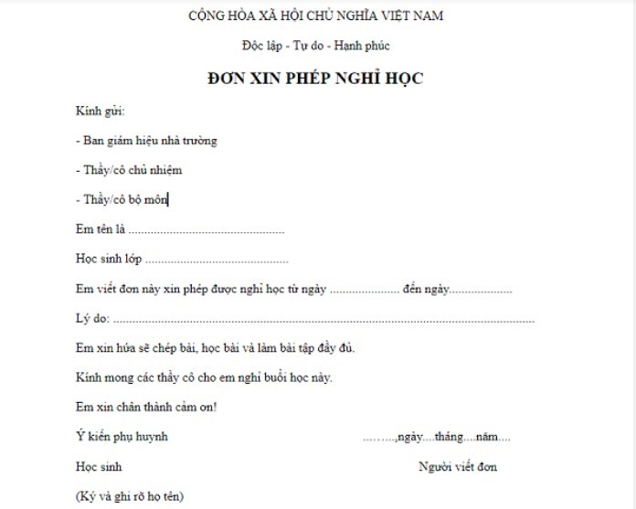 Mẫu đơn xin về sớm cho học sinh