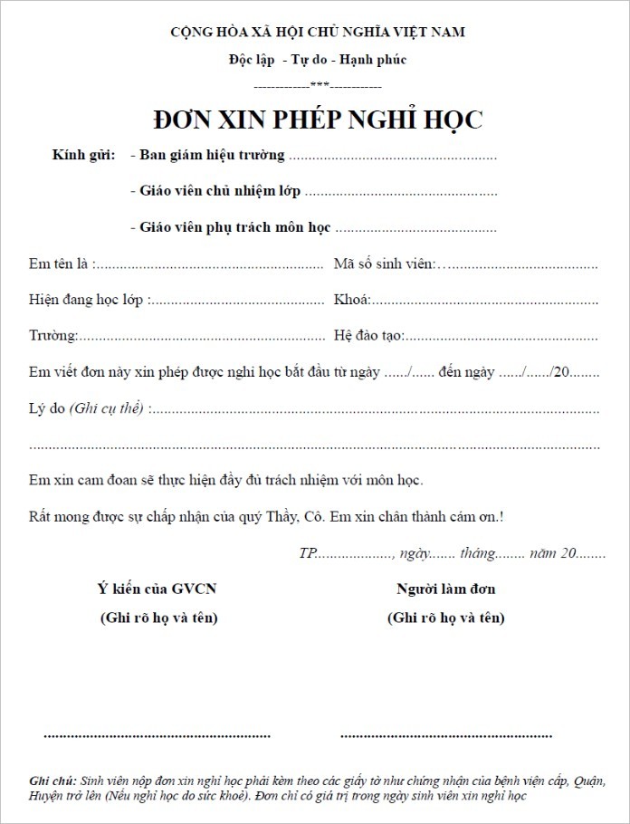 Đơn xin phép nghỉ học cho học sinh