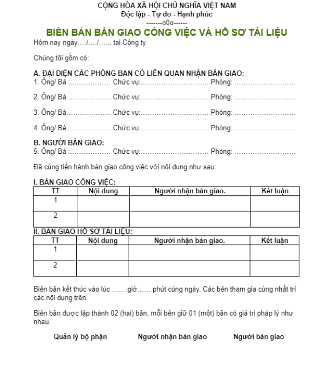
Biên bản bàn giao công việc và các hồ sơ tài liệu
