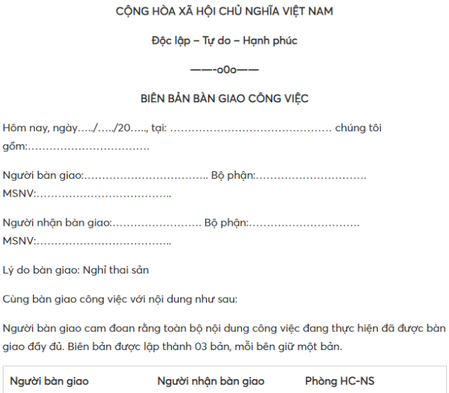 
Biên bản bàn giao công việc để nghỉ thai sản
