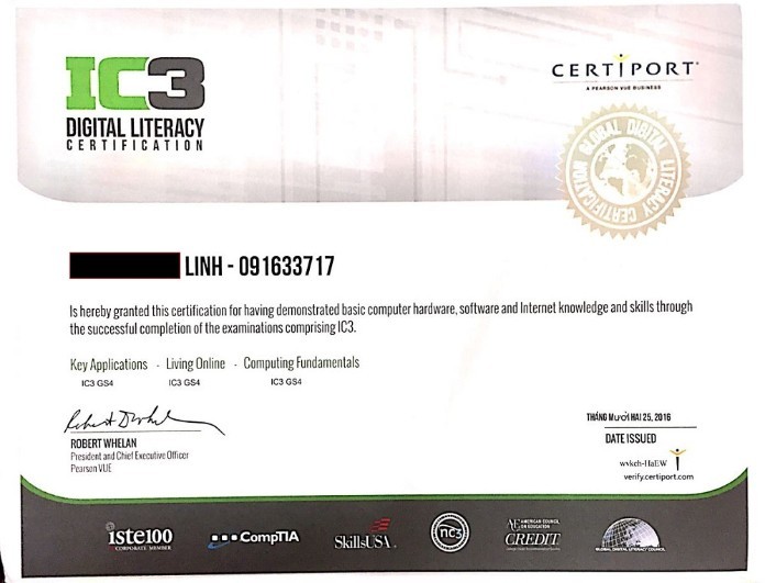 
Chứng chỉ tin học IC3 được viết tắt bởi cụm từ Digital Literacy Certification
