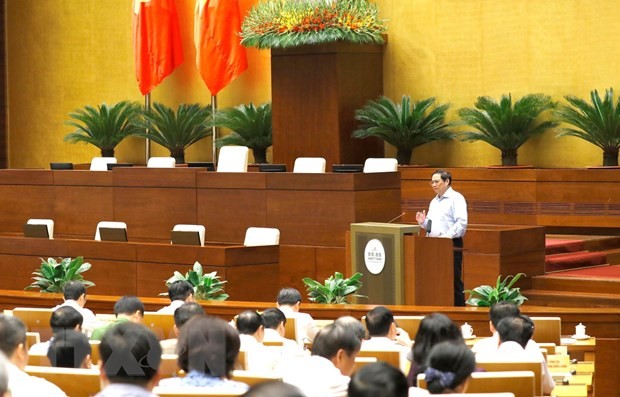
Thủ tướng Chính phủ Phạm Minh Chính giới thiệu chuyên đề tại hội nghị. (Ảnh: Phương Hoa/TTXVN)
