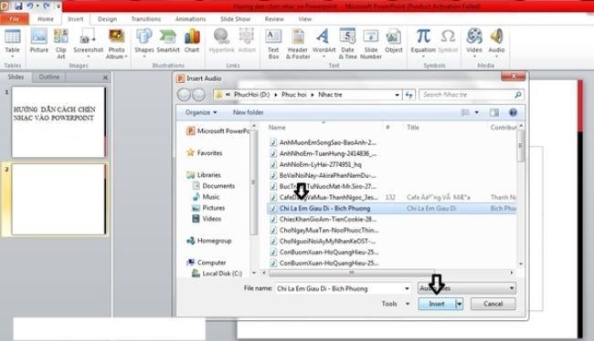 
Chọn file âm thanh chèn trong powerpoint 2007
